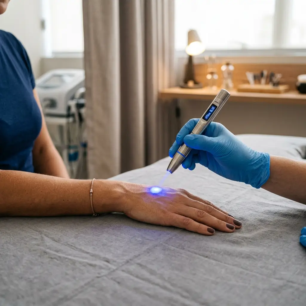 Cromoterapia nos pontos de acupuntura – luz colorida aplicada em paciente